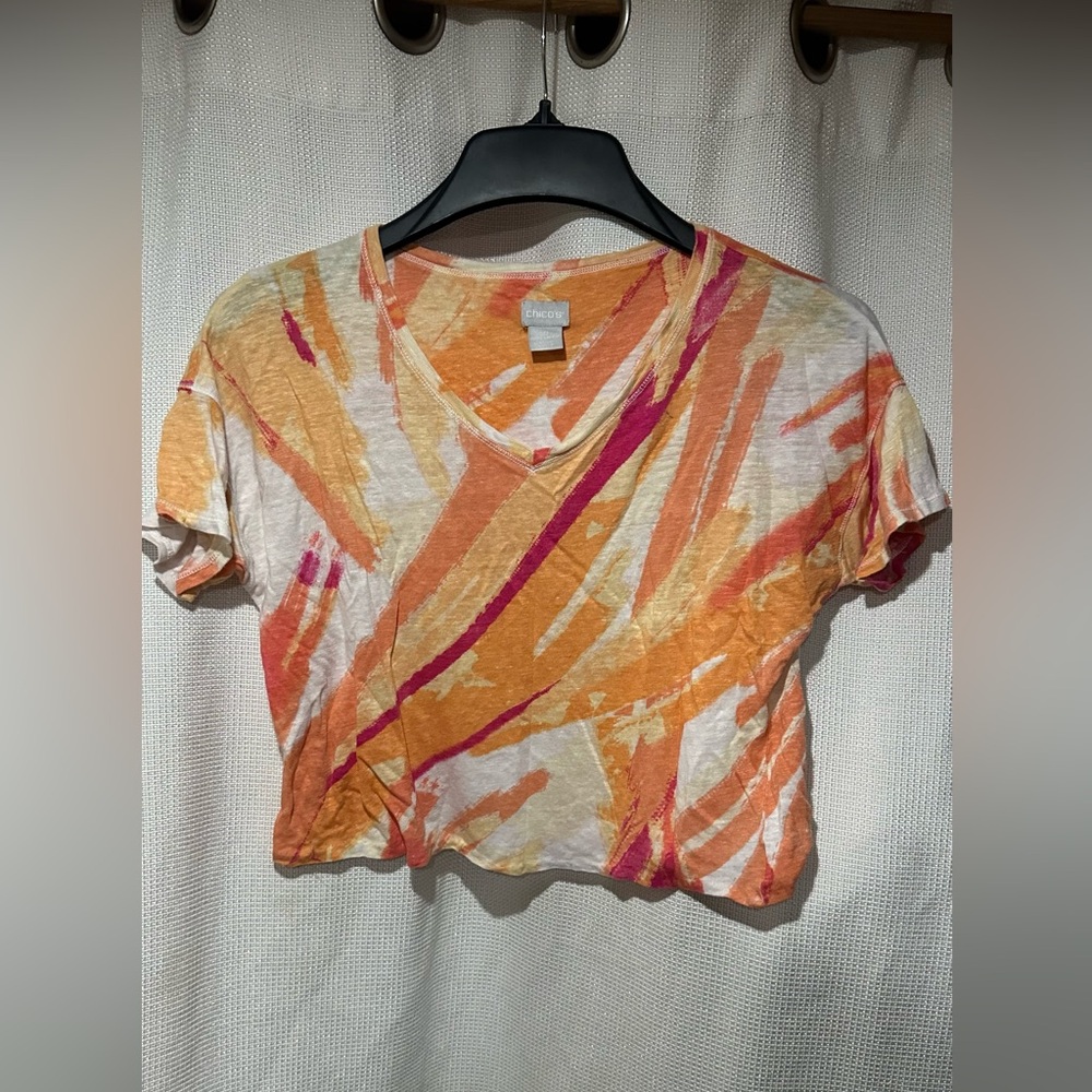 Chico's 100% Linen Multicolor V-Neck Short Sleeve Top